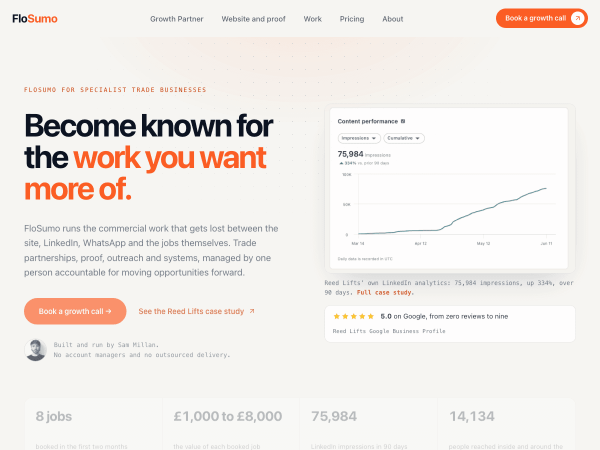 FloSumo website shown on a desktop browser