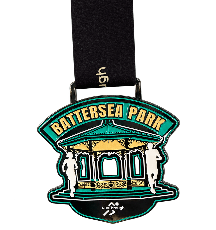 Teal Battersea Park Half Marathon medal with pavilion and runners