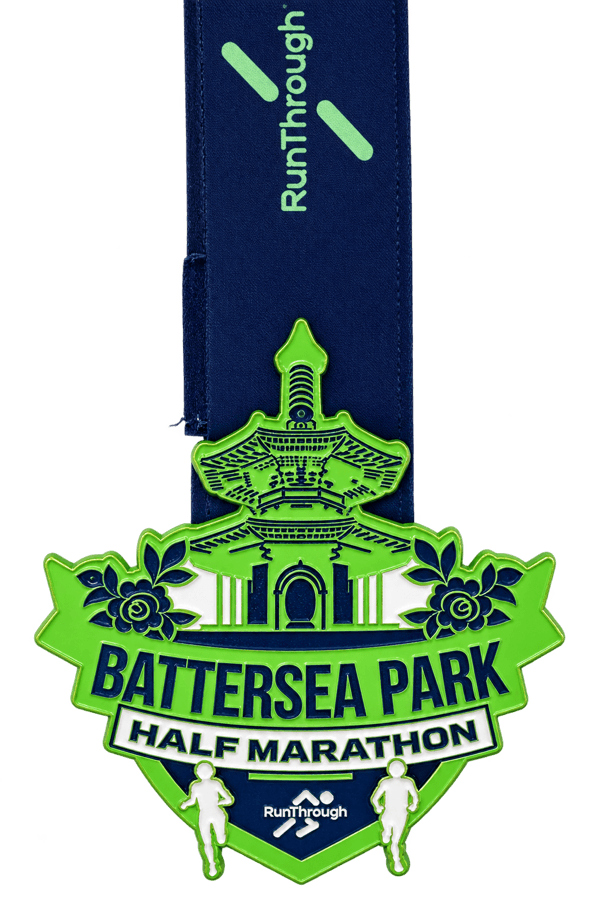 Green Battersea Park Half Marathon medal with the Peace Pagoda