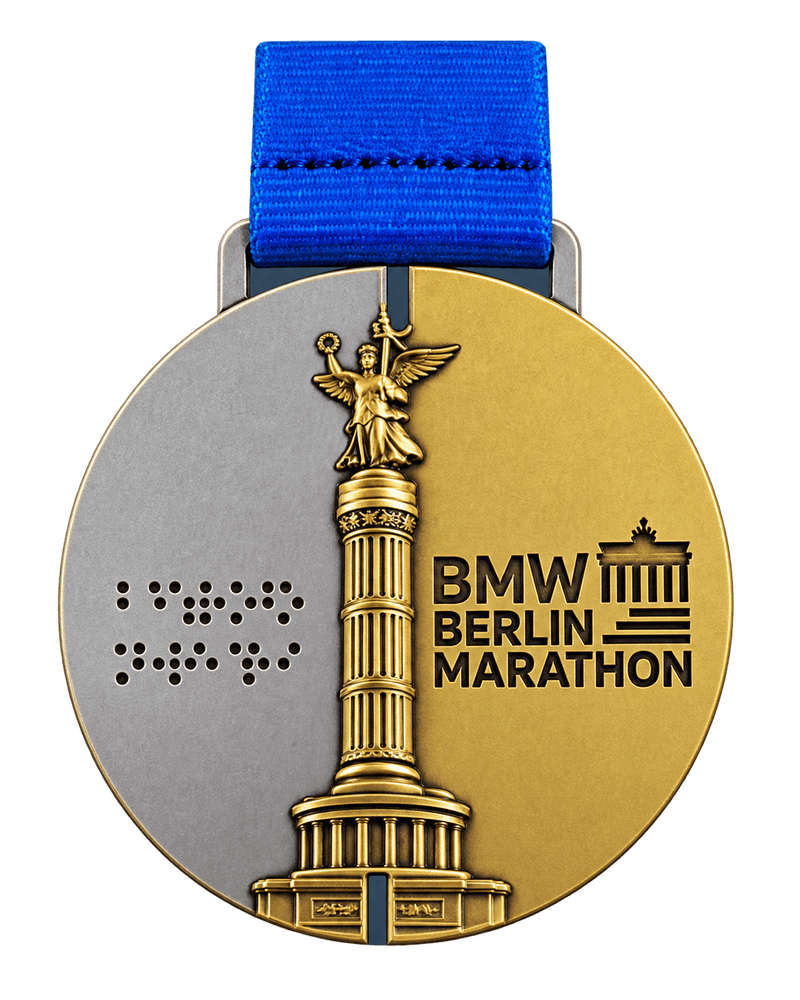 Gold and silver 2026 Berlin Marathon medal with Victory Column and blue ribbon