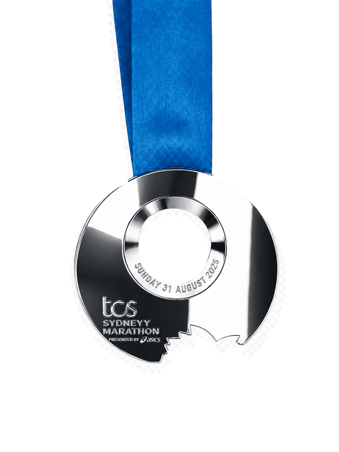 Mirror-polished chrome Sydney Marathon medal with an open centre and Opera House cut-out