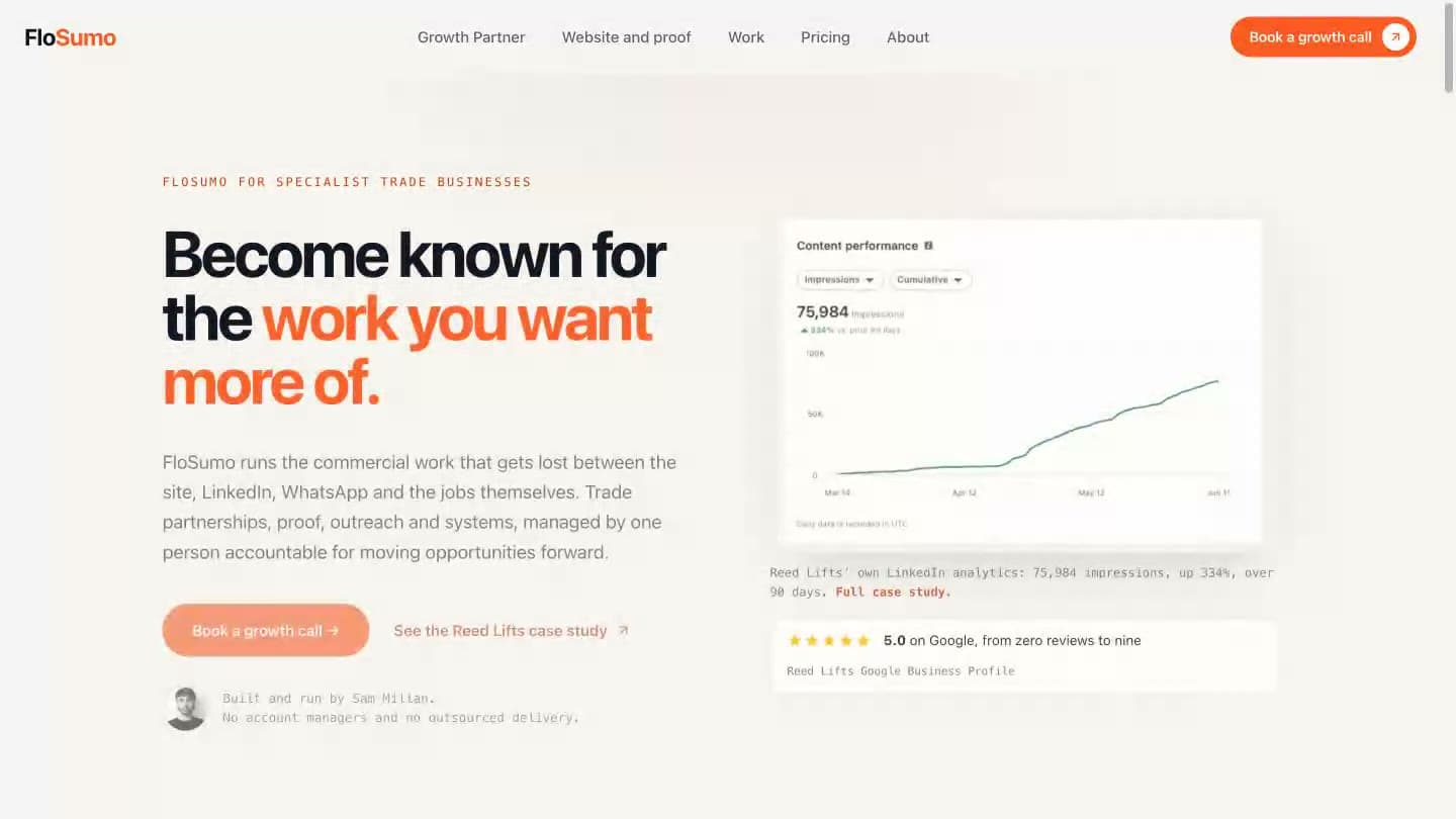 The FloSumo homepage showing the Reed Lifts case study