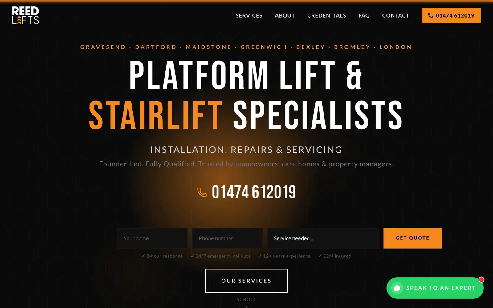 Reed Lifts homepage showing its service headline, phone number and short quote form