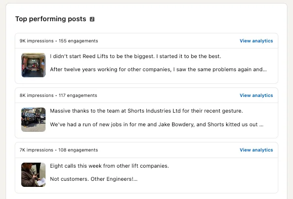 Reed Lifts LinkedIn top posts showing founder experience, a supplier thank-you and calls from other engineers