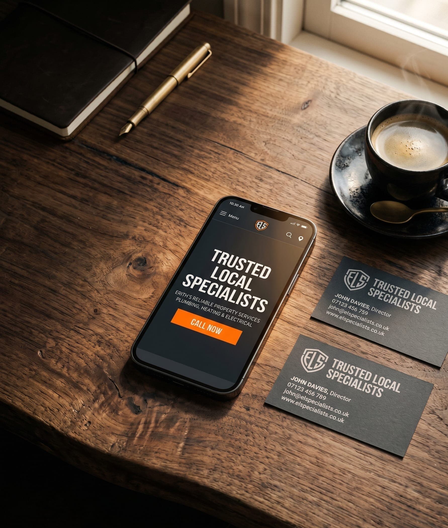 Local business website on phone with business card