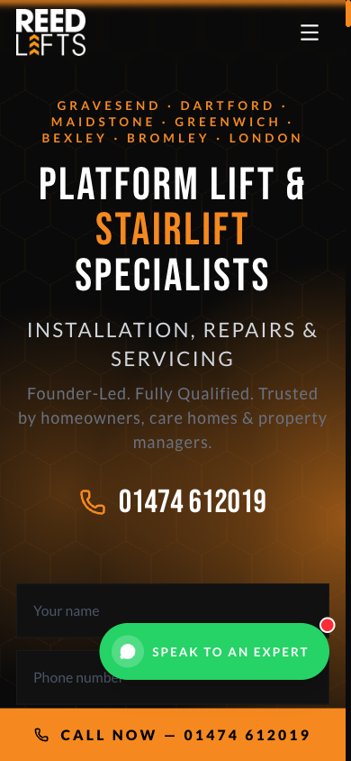 Reed Lifts homepage hero on mobile